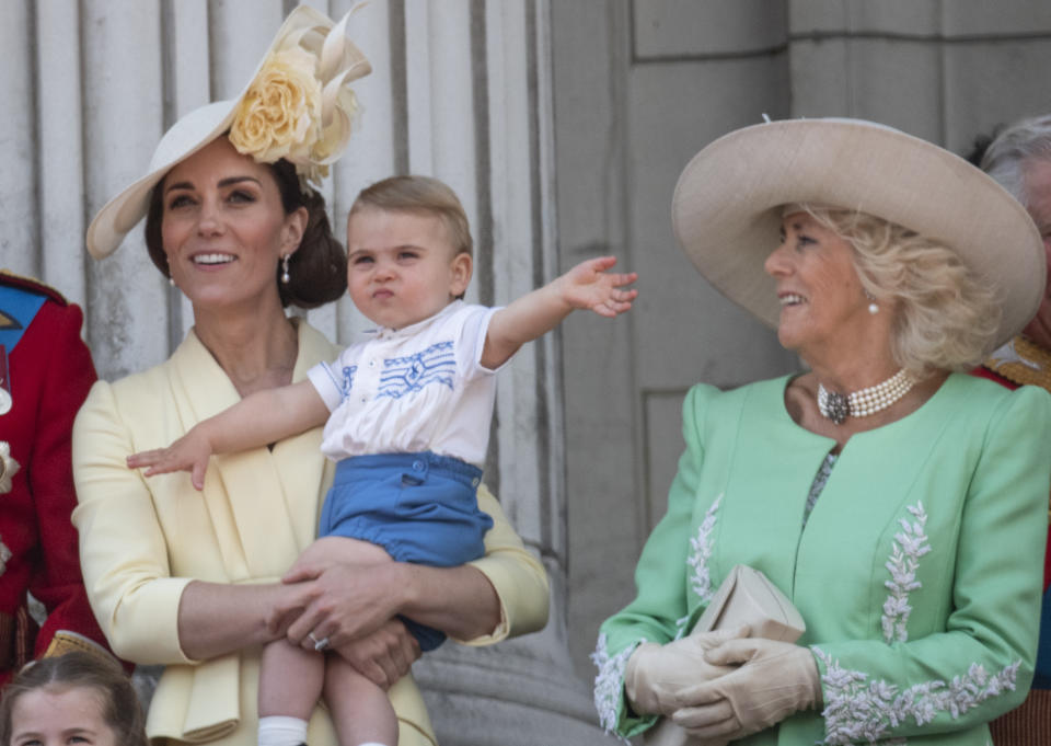 LONDON, ENGLAND - JUNE 08: Camilla, Duchess of Cornwall with Catherine, Duchess of Cambridge and Prince Louis of Cambridge during Trooping The Colour, the Queen's annual birthday parade, on June 8, 2019 in London, England. (Photo by Mark Cuthbert/UK Press via Getty Images)