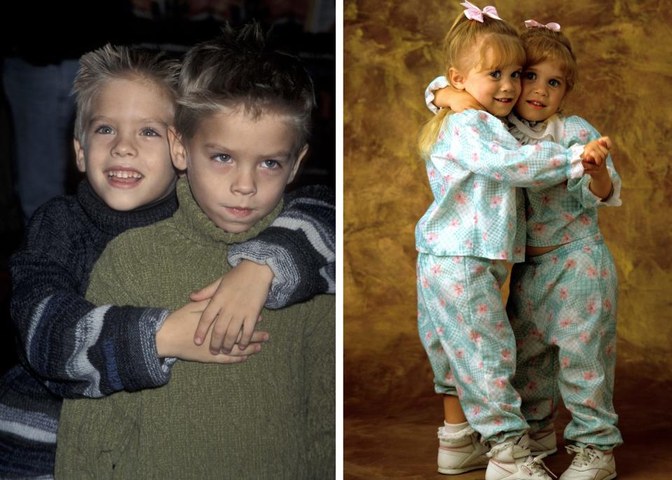 Side by side photos Dylan and Cole Sprouse and Mary-Kate and Ashley Olsen