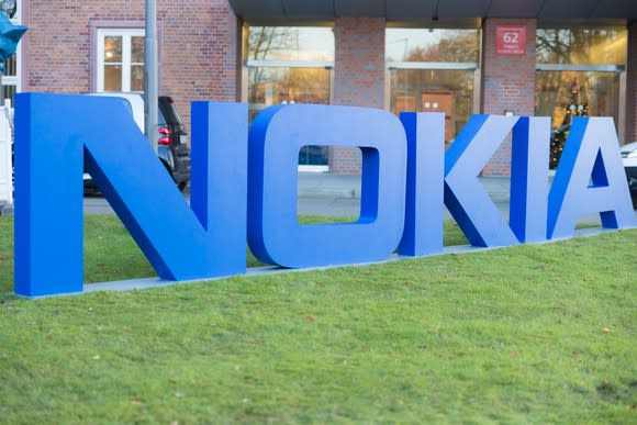 Nokia's logo in front of a building.