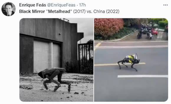 電影《黑鏡》機械狗殺手VS上海防疫機器狗。（圖／翻攝自@EnriqueFeas推特）