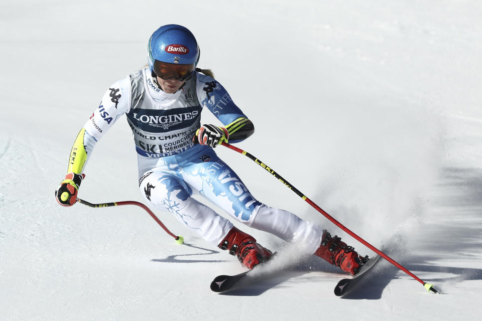 United States' Mikaela Shiffrin speeds down the course during the super G portion of an alpine ski, women's World Championship combined race, in Meribel, France, Monday, Feb. 6, 2023. (AP Photo/Gabriele Facciotti)