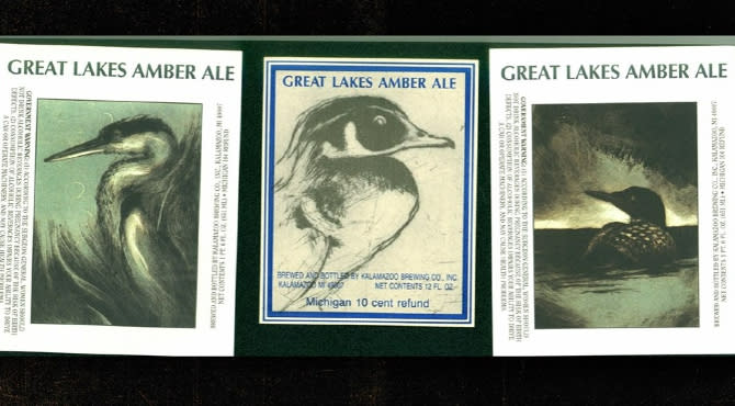 A snapshot of some older labels of Bell's Great Lakes Amber Ale featuring waterfowl and designed by Ladislav Hanka.