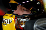 KANSAS CITY, KS - OCTOBER 08: Kyle Busch, driver of the #18 M&M's Toyota, prepares to drive during practice for the NASCAR Sprint Cup Series Hollywood Casino 400 at Kansas Speedway on October 8, 2011 in Kansas City, Kansas. (Photo by Tom Pennington/Getty Images)