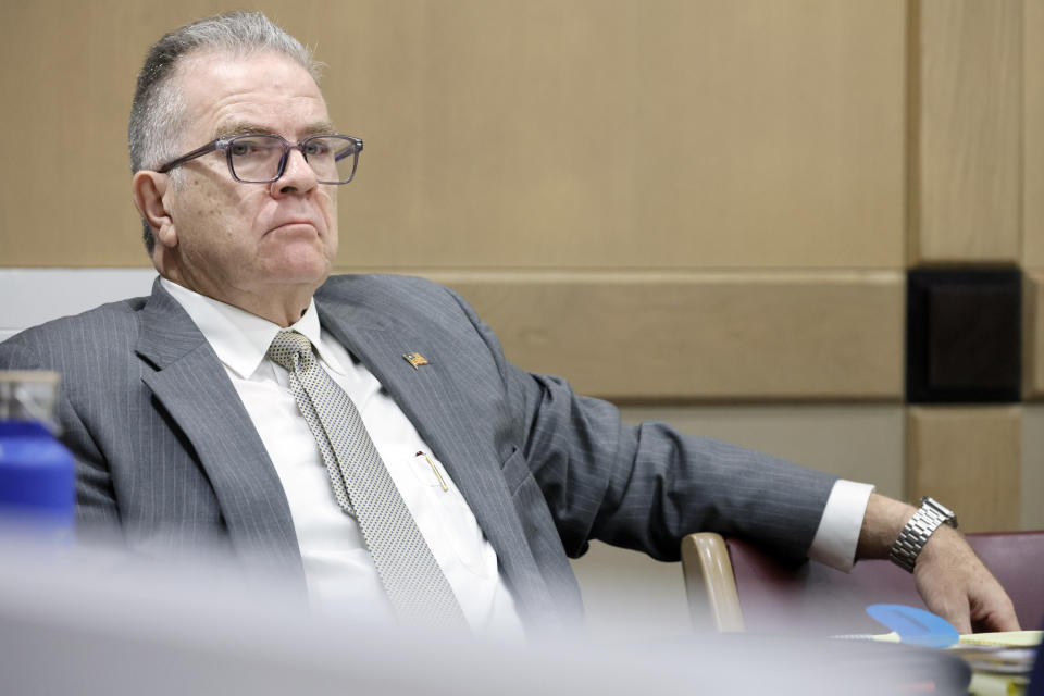 Jorge Carballo, one of the top administrators at the Rehabilitation Center at Hollywood Hills, is shown at the defense table during his Hollywood Hills nursing home manslaughter case at the Broward County Courthouse in Fort Lauderdale on Monday, Feb. 6, 2023. A dozen elderly patients at the nursing home died from sweltering conditions after Hurricane Irma in 2017. (Amy Beth Bennett/South Florida Sun-Sentinel via AP, Pool)