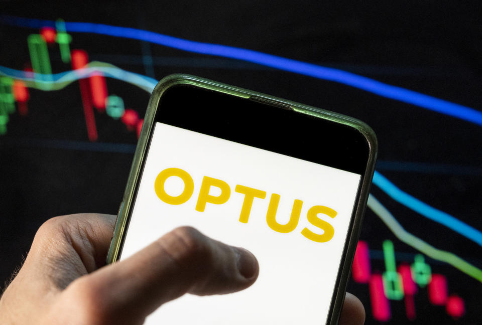 Pictured is an Australia Optus logo seen displayed on a smartphone