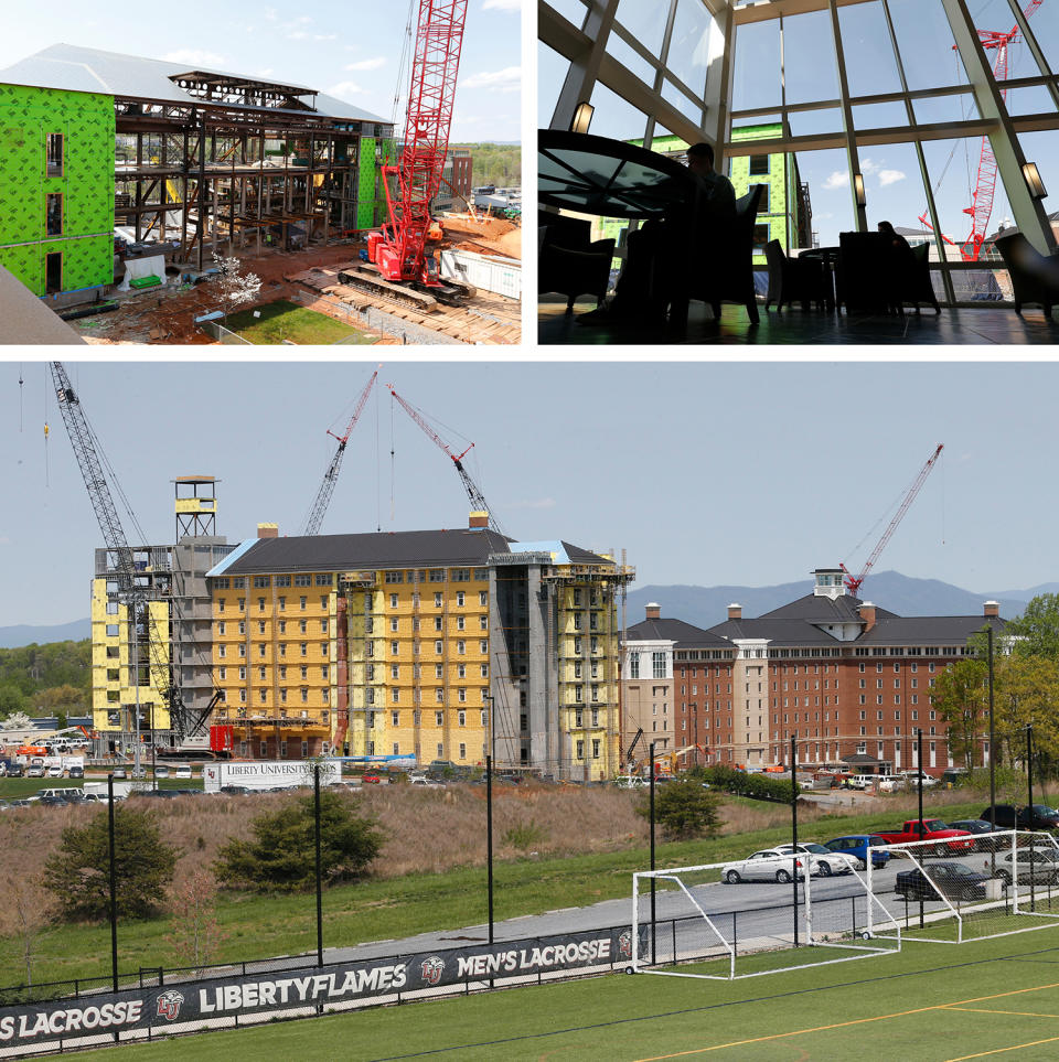 Scenes of construction on Liberty University's campus in April 2015, including a new music building (top left) near the atrium of the Jerry Falwell Library (top right), and a new dorm (bottom).
