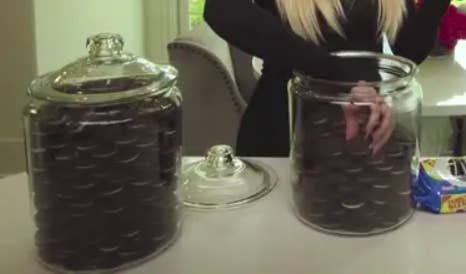 A closeup of her Oreo jars
