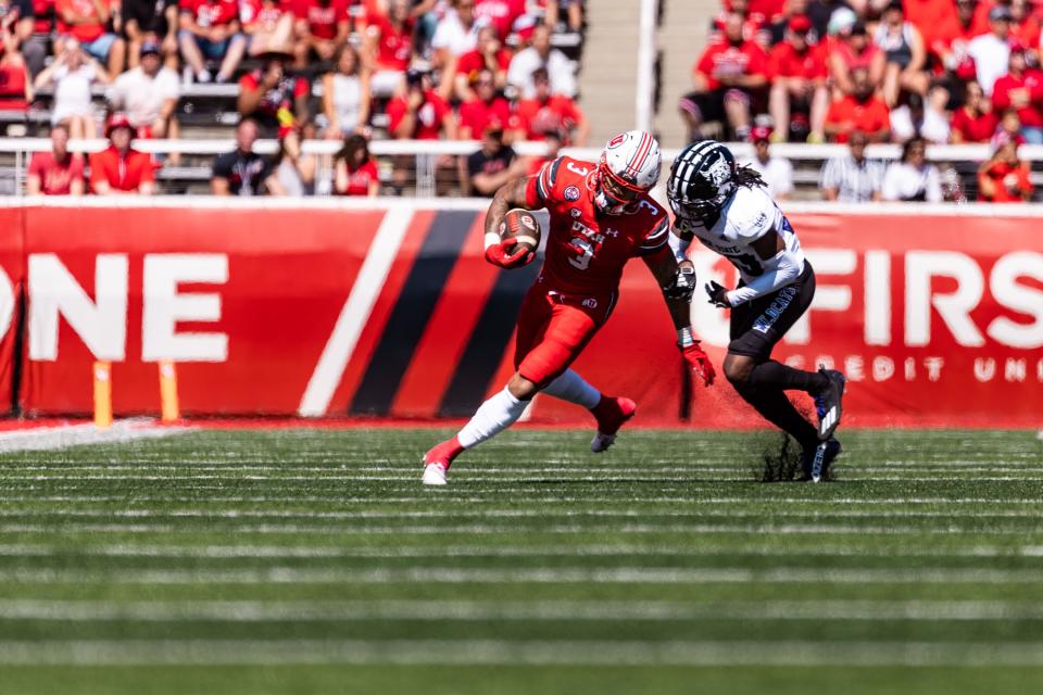 Utah Utes running back Ja’Quinden Jackson (3) runs the ball during their football game against the Weber State Wildcats at Rice-Eccles Stadium in Salt Lake City on Saturday, Sept. 16, 2023. | Megan Nielsen, Deseret News