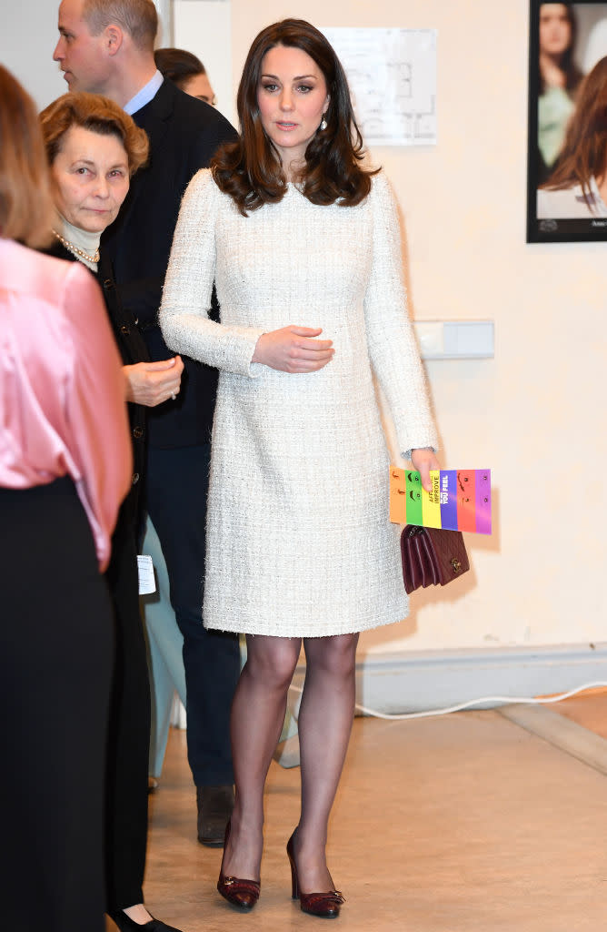 <p>The Duke and Duchess of Cambridge joined Crown Princess Victoria and Prince Daniel at Matteusskolan School to take part in mental health activity sessions. And for the occasion, Kate Middleton donned a bouclé dress by Chanel. <em>[Photo: Getty]</em> </p>