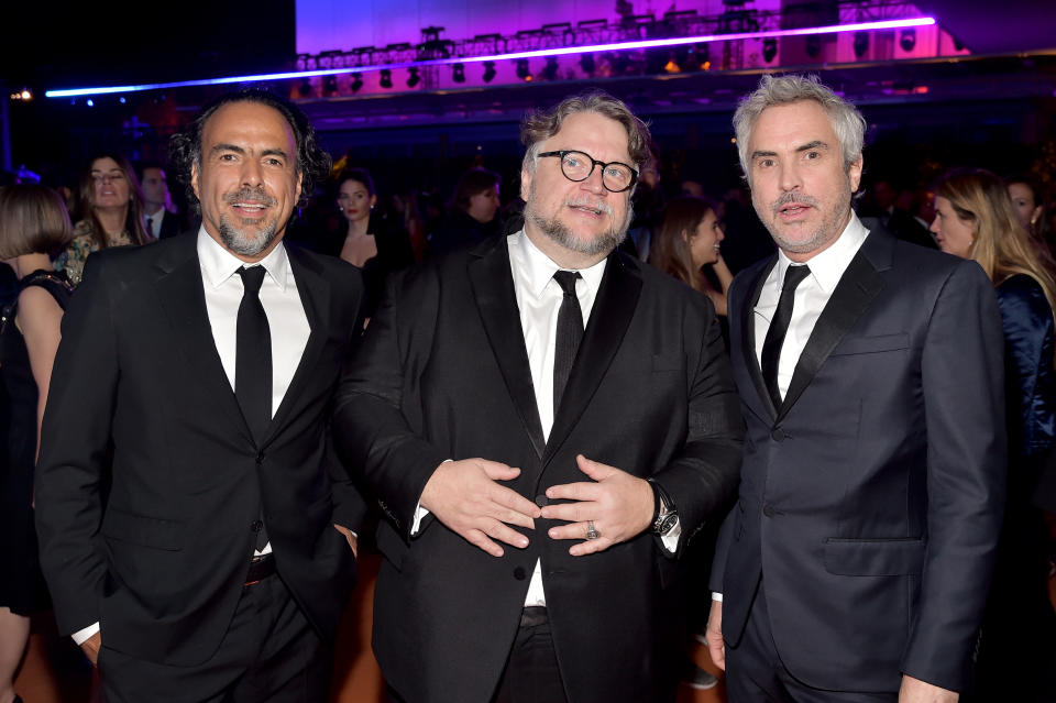 LOS ANGELES, CA - NOVEMBER 03:  (L-R) Director Alejandro Gonzalez Inarritu, honoree Guillermo del Toro, wearing Gucci, and director Alfonso Cuaron attend 2018 LACMA Art + Film Gala honoring Catherine Opie and Guillermo del Toro presented by Gucci at LACMA on November 3, 2018 in Los Angeles, California.  (Photo by Stefanie Keenan/Getty Images for LACMA)