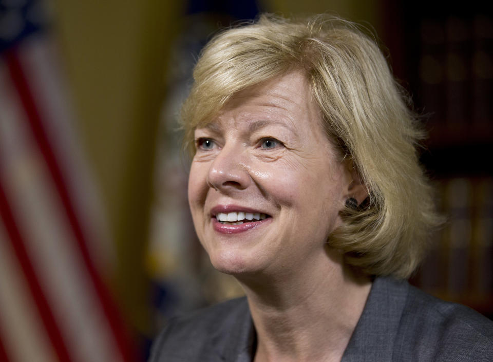 FILE - In this June 21, 2016, file photo, Sen. Tammy Baldwin, D-Wis., speaks during an interview with The Associated Press in her office on Capitol Hill, in Washington. It's a rare and momentous decision, one by one, seated at desks centuries old, senators will stand and cast their votes for a Supreme Court nominee. It's a difficult political call in the modern era, especially for the 10 Democrats facing tough re-election next year in states that President Donald Trump won (AP Photo/Alex Brandon, File)