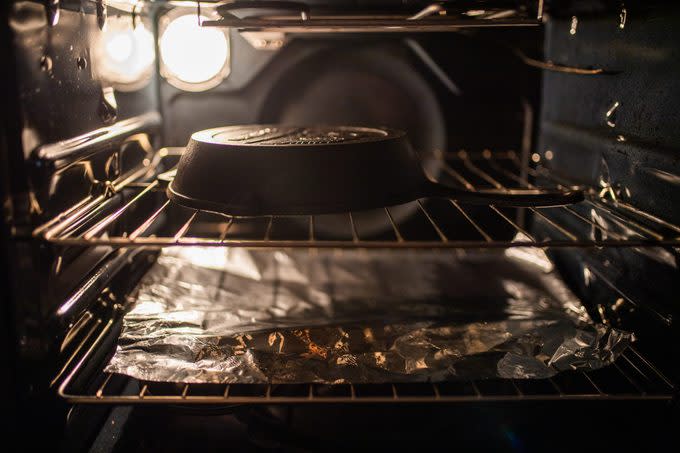 cast iron skillet in oven for seasoning