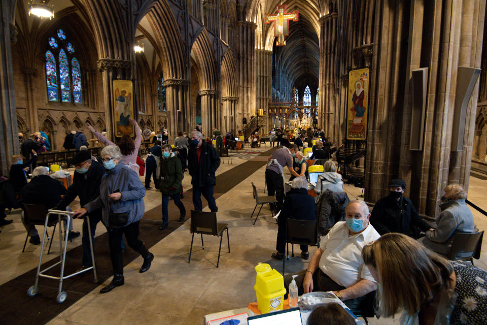 Members of the public at Lichfield Cathedral, Staffordshire, to receive the Oxford/AstraZeneca coronavirus vaccine. (Photo by Jacob King/PA Images via Getty Images)