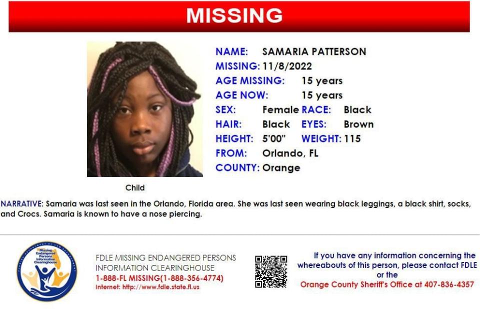 Samaria Patterson was last seen in Orlando on Nov. 8, 2022.