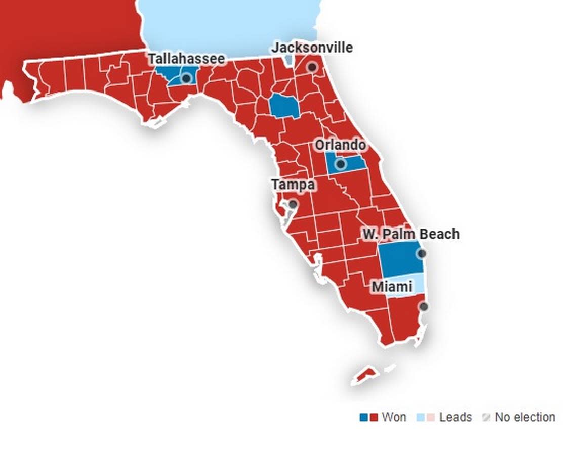 The U.S. Senate map after Election Day voting ended on Nov. 8, 2022, showed Florida overwhelmingly chose Republican candidates.