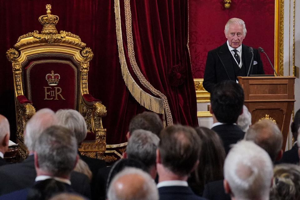 King Charles III addresses a meeting of the Accession Council in the Throne Room inside St. James's Palace in London to proclaim him as the new monarch.