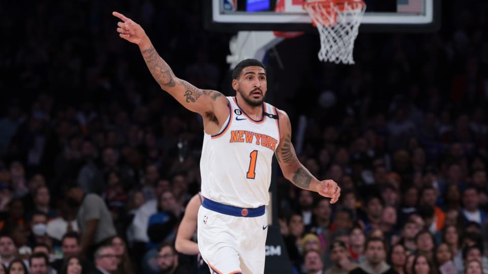 Apr 2, 2023; New York, New York, USA; New York Knicks forward Obi Toppin (1) reacts during the second half against the Washington Wizards at Madison Square Garden. Mandatory Credit: Vincent Carchietta-USA TODAY Sports