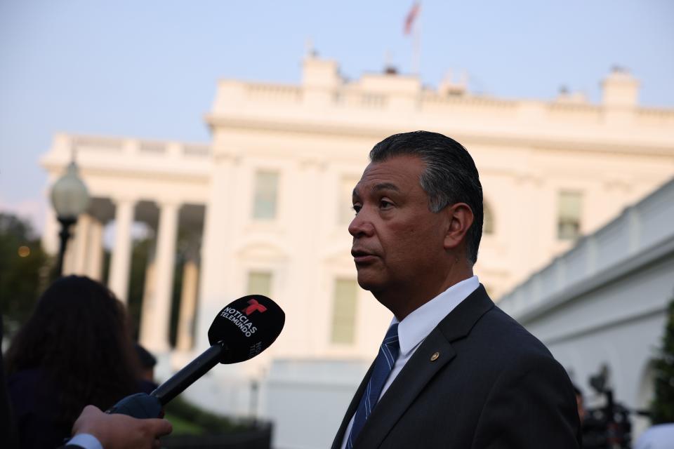 Sen. Alex Padilla, D-Calif., speaks to reporters outside of the Oval Office after meeting with President Joe Biden on July 29. Members of the Congressional Hispanic Caucus and leadership for the Senate and House Judiciary Committee met with President Biden to discuss the Deferred Action for Childhood Arrivals (DACA) program.