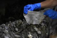 In this May 28, 2020, file photo Lyn Riggins, WSSC Water spokesperson, holds up a wipe that was collected along with other debris at a pumping station in Washington. Sewer systems are battling the "wipe monster" from all the wipes and other debris since pandemic that are clogging up pumping stations. (AP Photo/Susan Walsh)