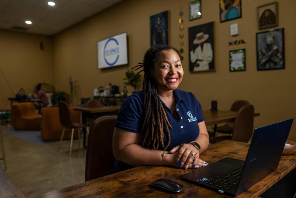 Joy St Clair, 36, the owner of Co-Space, is photographed at her business on Wednesday, May 10, 2023, in Miami Gardens, Fla. Co-Space is a co-working space that offers open desks, photo stations and a private room for podcasts and meetings.