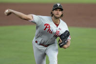 Philadelphia Phillies starting pitcher Aaron Nola throws against the Toronto Blue Jays during the first inning of a baseball game Saturday, May 15, 2021, in Dunedin, Fla. (AP Photo/Mike Carlson)