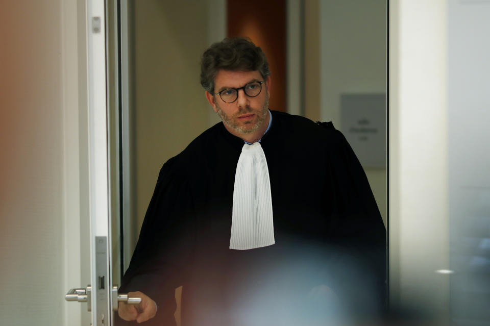Lawyer of Saudi Princess Hassa bint Salman, Emmanuel Moyne, leaves the courthouse in Paris, Thursday, Sept. 12, 2019. The only daughter of Saudi Arabia's King Salman has been found guilty by a Paris court of charges that she ordered her bodyguard to detain and strike a plumber for taking photos at the Saudi royal family's apartment in the French capital. (AP Photo/Thibault Camus)