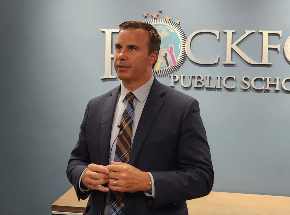 Rockford Public Schools Superintendent Ehren Jarrett answers questions about recent school schedule changes on Aug. 25, 2023, at district headquarters, 501 7th St.