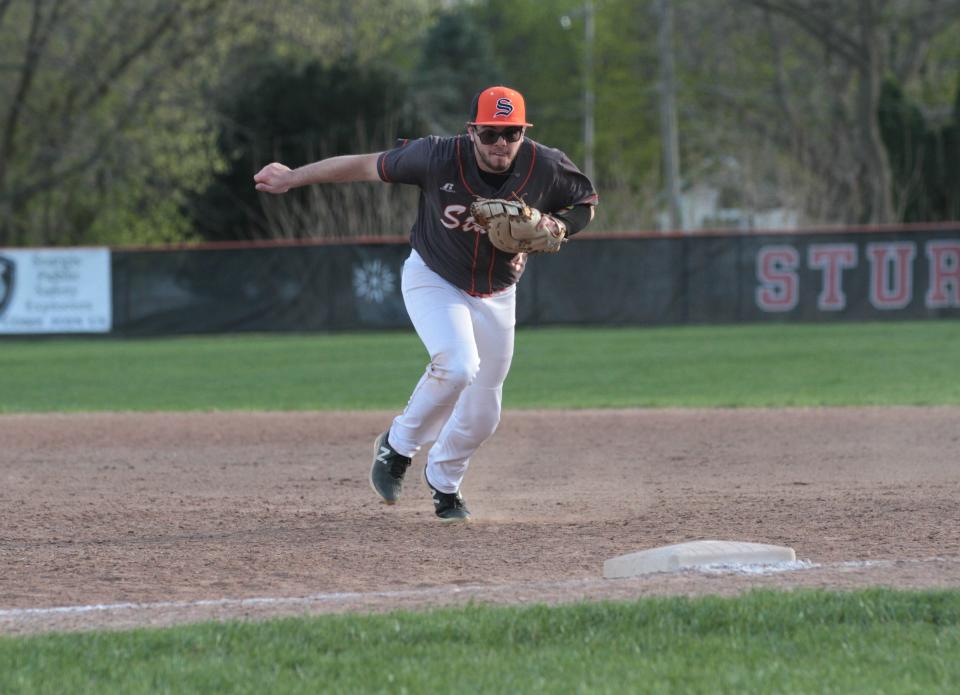 Sturgis first baseman Wyatt Dudek races to first base to record an out against Plainwell in prep baseball action on Wednesday.