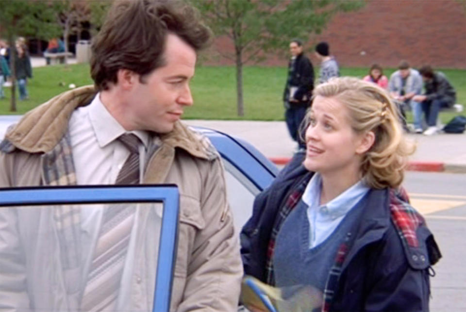 LOS ANGELES - APRIL 23: The movie Election, directed by Alexander Payne. Seen here, left to right, Matthew Broderick (as Jim McAllister) and Reese Witherspoon (as Tracy Flick). Initial theatrical release, Friday, April 23, 1999. Image is a screen grab. (Photo by CBS via Getty Images)