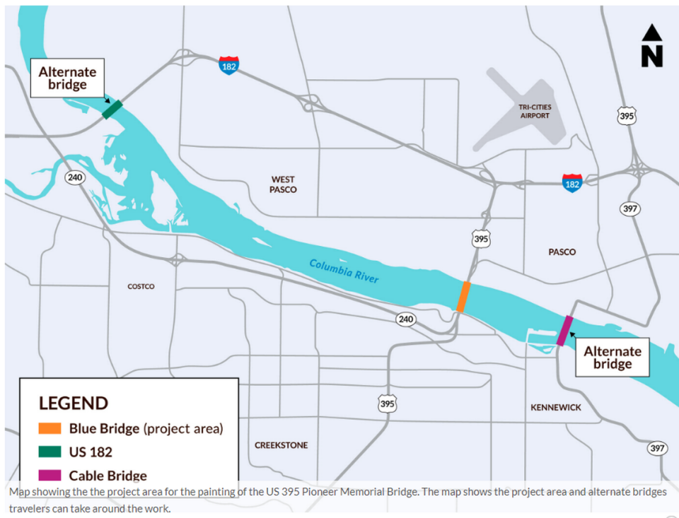 The blue bridge is getting a $33.5 million paint job that won’t change the color of the Pasco-Kennewick span, but will tie up traffic for a year.