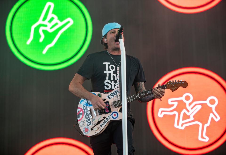 Blink-182 guitarist and vocalist Tom DeLonge sings "The Rock Show" during their set in the Sahara tent during the Coachella Valley Music and Arts Festival at the Empire Polo Club in Indio, Calif., Friday, April 14, 2023. 