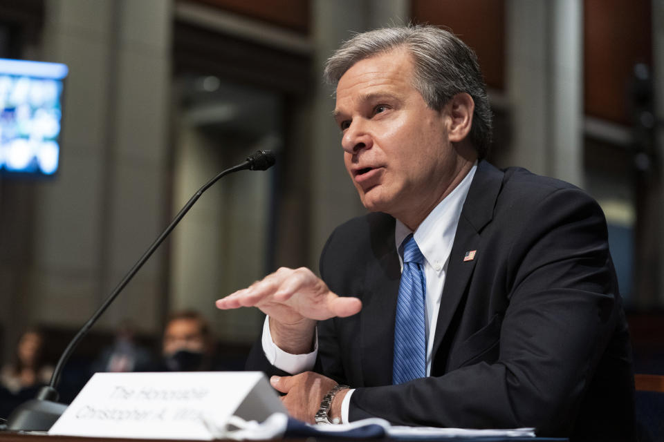 FBI Director Christopher Wray testifies before the House Judiciary Committee oversight hearing on the Federal Bureau of Investigation on Capitol Hill, Thursday, June 10, 2021, in Washington. (AP Photo/Manuel Balce Ceneta)