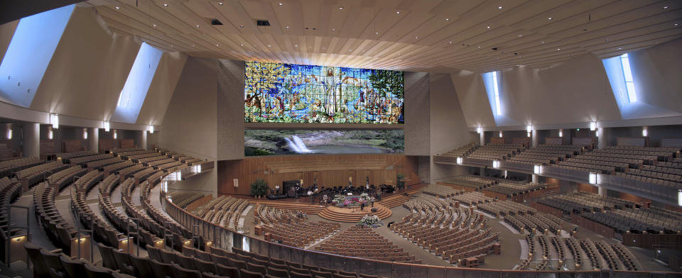 This photo provided by The United Methodist Church of the Resurrection shows the “The Resurrection Window” at Resurrection’s campus in Leawood, Kan. (The United Methodist Church of the Resurrection via AP)
