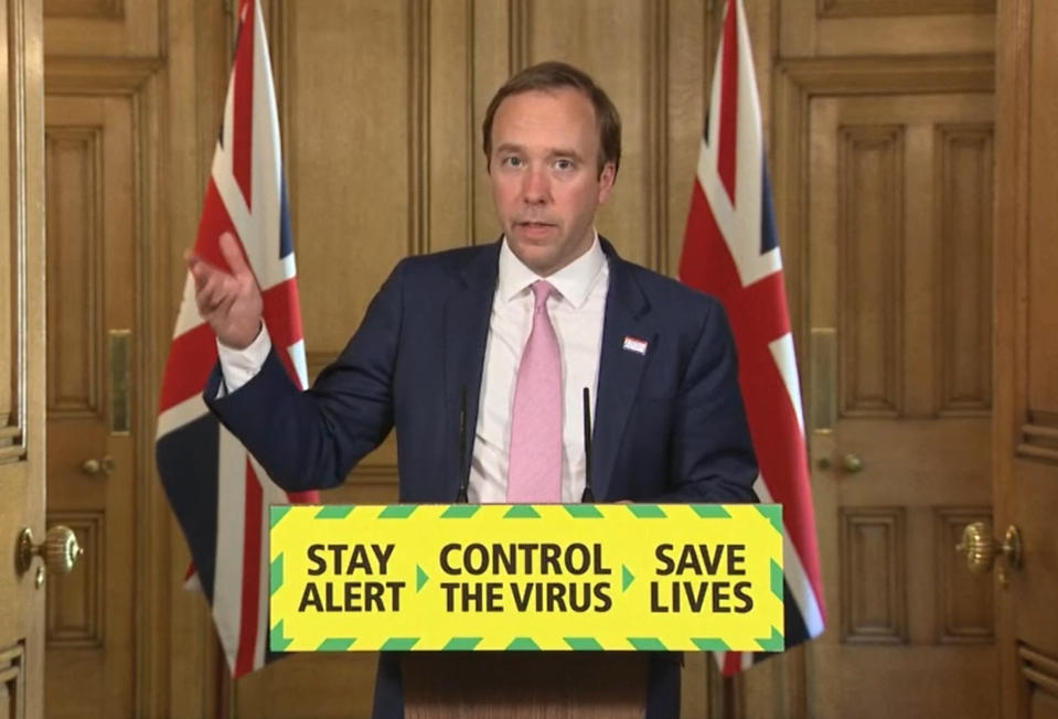 Screen grab of Health Secretary Matt Hancock, during a media briefing in Downing Street, London, on coronavirus (COVID-19). (Photo by PA Video/PA Images via Getty Images)