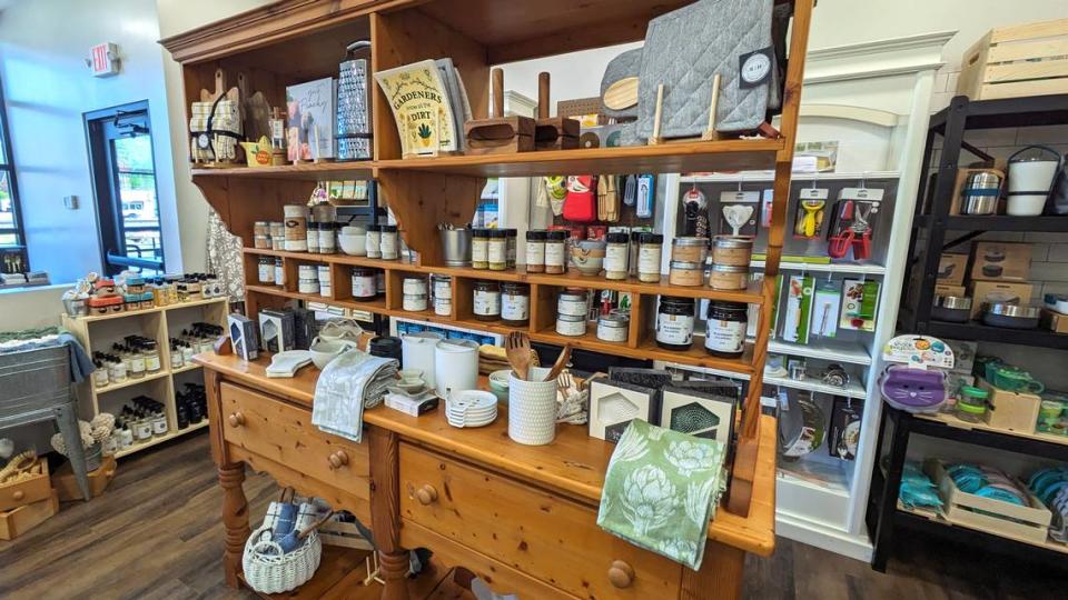 This display includes jams, seasonings and plant seeds