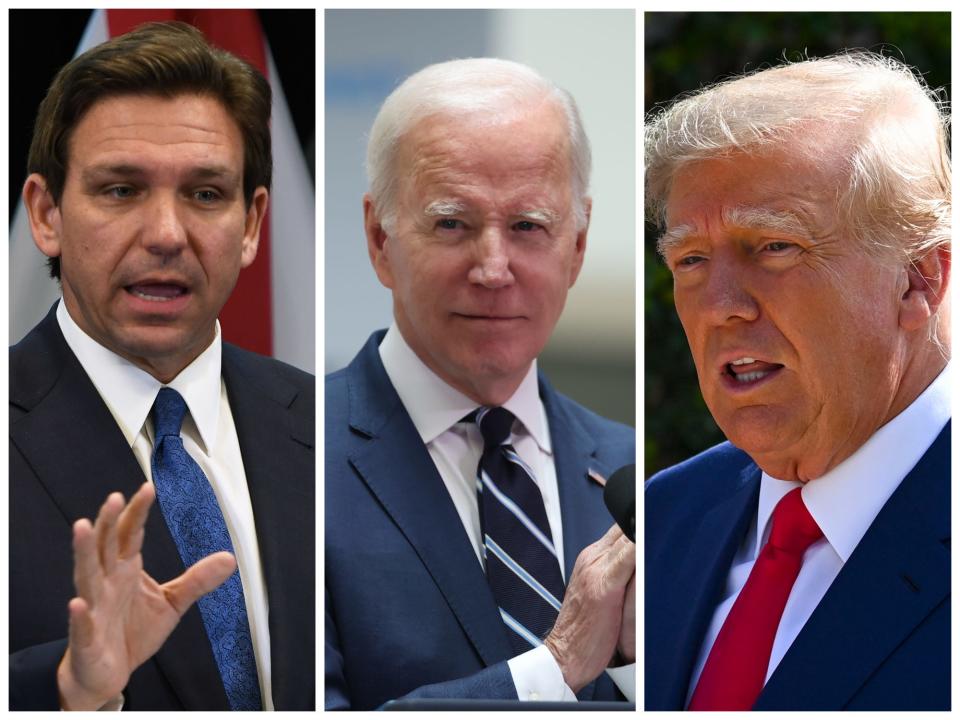 Florida Gov. Ron DeSantis, President Joe Biden and former President Donald Trump