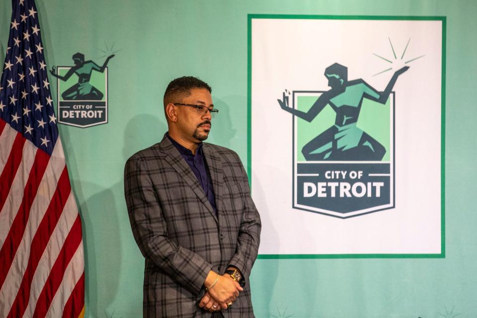 City of Detroit Chief Operating Officer Hakim Berry listens to a plan to increase city of Detroit employee wages to a minimum of $15 at the Detroit Public Safety Headquarters in Detroit on Feb. 9, 2022.