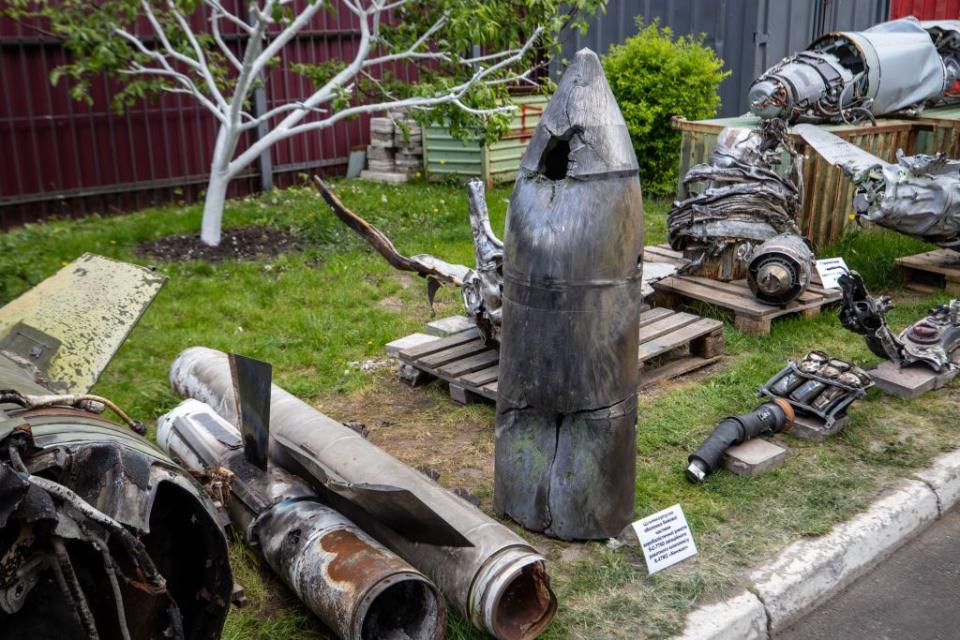 Remains of a Russian Kh-47M2 Kinzhal missile at an exhibition showing remains of missiles and drones that Russia used to attack Kyiv on May 12, 2023. Fragments of various types of weapons are currently being studied at the Kyiv Scientific Research Institute of Forensic Expertise. (Oleksii Samsonov /Global Images Ukraine via Getty Images)
