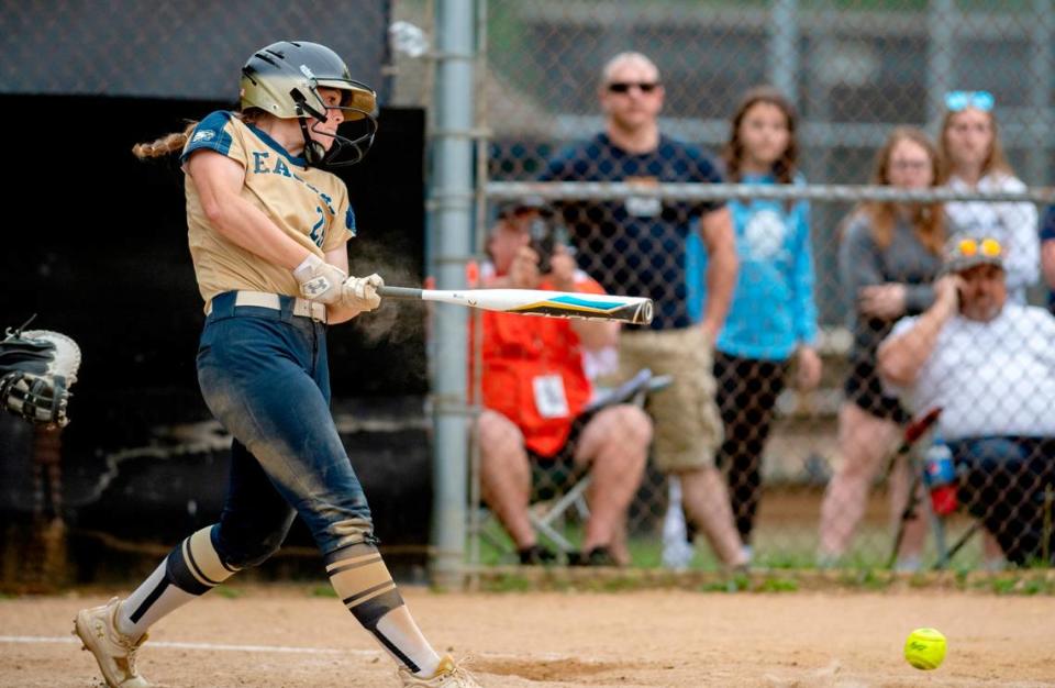 Bald Eagle Area’s Sydney Thompson gets a hit that scores the winning run in the 10th inning Monday against Central Cambria.