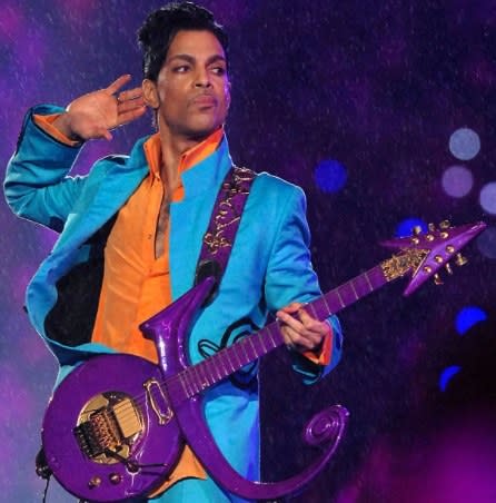 Prince on stage at half time during Super Bowl XLI between the Indianapolis Colts and Chicago Bears at Dolphins Stadium in Miami, Florida on February 4, 2007