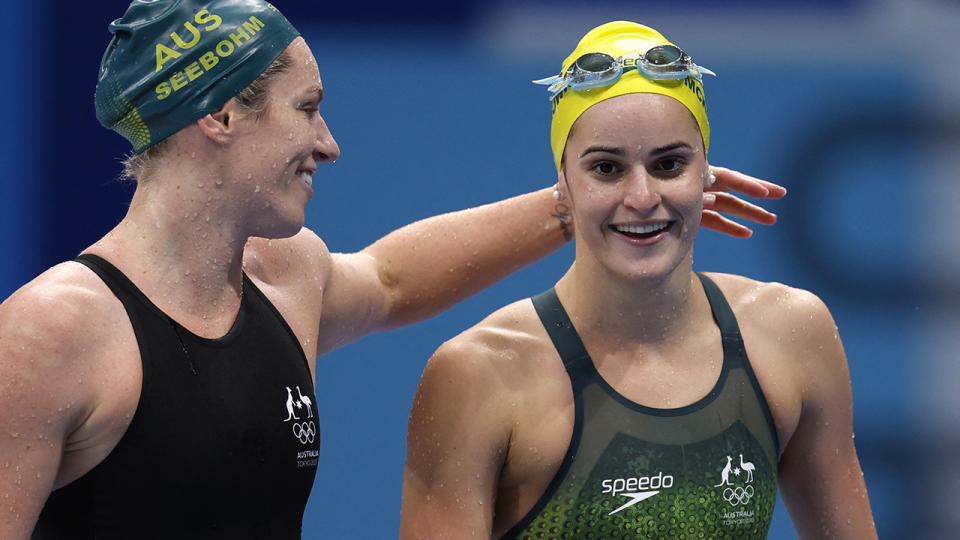 Emily Seebohm and Kaylee McKeown, pictured here celebrating after the 200m backstroke final.
