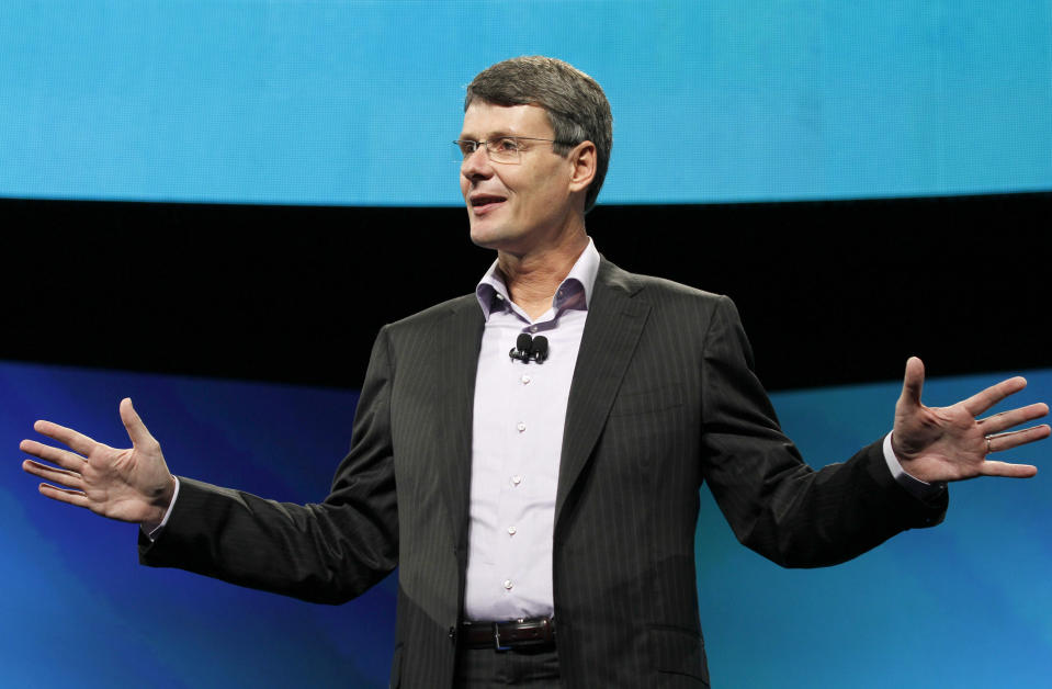 Thorsten Heins, president and CEO of Research In Motion, the company that makes BlackBerry, delivers the keynote speech during the BlackBerry World conference, Tuesday, May 1, 2012, in Orlando Fla. (AP Photo/Reinhold Matay)