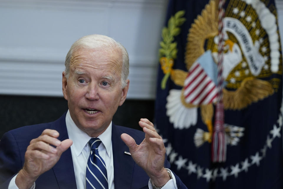 President Joe Biden speaks during a meeting in the Roosevelt Room of the White House in Washington, Thursday, June 23, 2022, with governors, labor leaders, and private companies launching the Federal-State Offshore Wind Implementation Partnership. The new partnership focuses on boosting the offshore wind industry. (AP Photo/Susan Walsh)