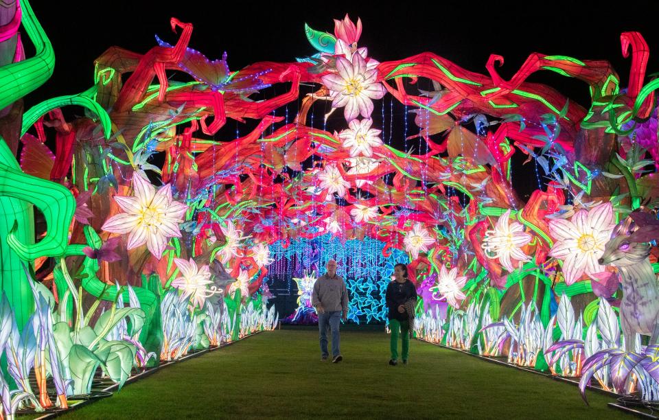 Hundreds of brightly colored, enchanted and whimsical lanterns greet visitors during a sneak peek opening of the Stockton Lantern Festival at the Stockton Ballpark in downtown Stockton on Nov. 20, 2023. The festival opens on Nov. 24 and runs through Jan. 14, 2024.