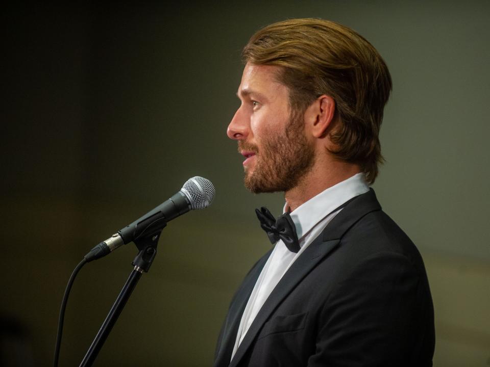 Bob Hope Award for Excellence in Entertainment recipient Glenn Powell is seen during the 2022 Patriot Awards Gala hosted by the Medal of Honor Convention at the Knoxville Conventional Center.