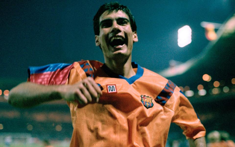 Pep Guardiola celebra en Wembley la victoria del Barcelona en la Copa de Europa de 1992
