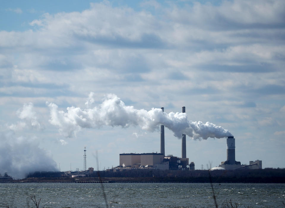 Emissions spew from a large stack at the coal fired Brandon Shores Power Plant, on March 9, 2018 in Baltimore, Maryland.