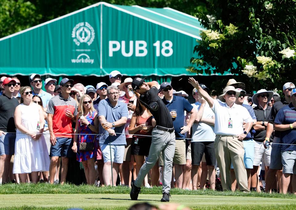 Jun 4, 2022; Dublin, Ohio, USA; Joaquin Niemann watches his tee shot on the 15th hole during Round 3 of the Memorial Tournament at Muirfield Village Golf Club in Dublin, Ohio on June 4, 2022.  