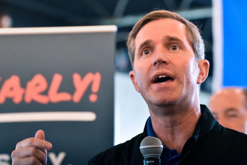 PHOTO: Kentucky Governor and Democratic candidate for re-election Andy Beshear speaks to supporters during a stop of his statewide bus tour in Richmond, Ky., Oct. 30, 2023. (Timothy D. Easley/AP)
