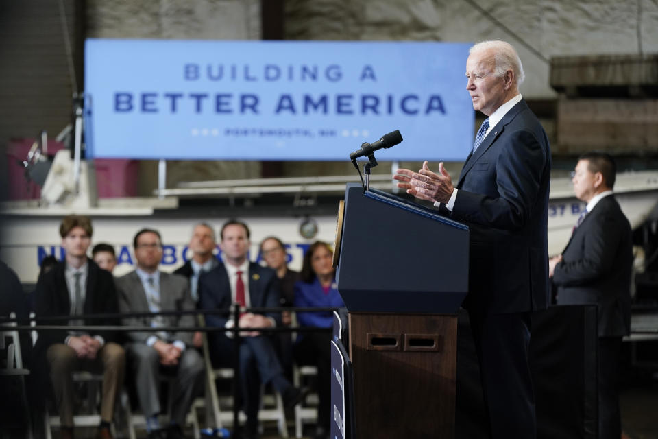 FILE - President Joe Biden speaks about his infrastructure agenda at the New Hampshire Port Authority in Portsmouth, N.H., April 19, 2022. Six months after the passage of the $1 trillion infrastructure package, the Biden administration says 4,300 projects are underway and $110 billion has gone out. The influx of spending is meaningful, though not necessarily enough to cover a long-term underfunding of infrastructure. (AP Photo/Patrick Semansky, File)